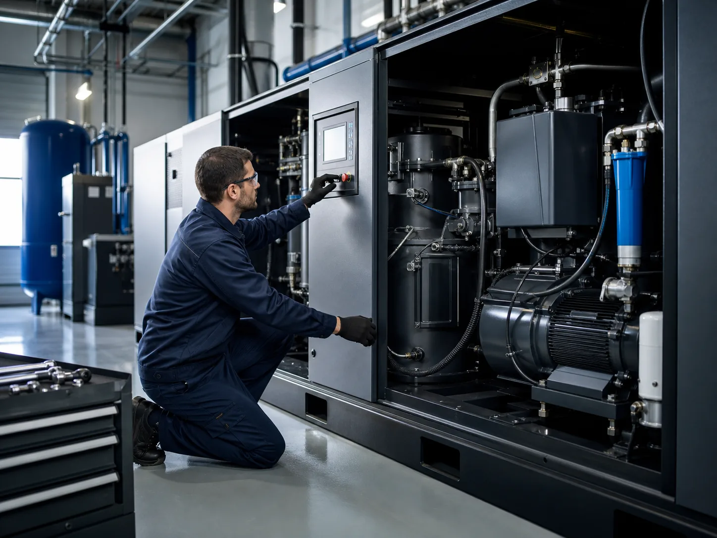 Técnico realizando manutenção em compressor de parafuso